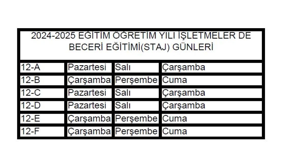 2024-2025 Eğitim Öğretim Yılı 12.Sınıf Staj Günleri